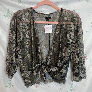 y2k 2000s Dana Buchman Sheer Black and Gold Lace Bolero Cardigan Size M/L